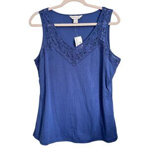 Womens Blue Lace Trim Tank Top L Christopher & Banks 100% Cotton Sleeveless Shir
